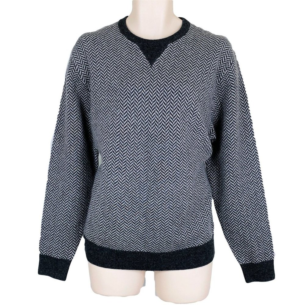 Mens Cremieux Sz L Light & Dark Gray Chevron Merino Wool Long Sleeve Sweater